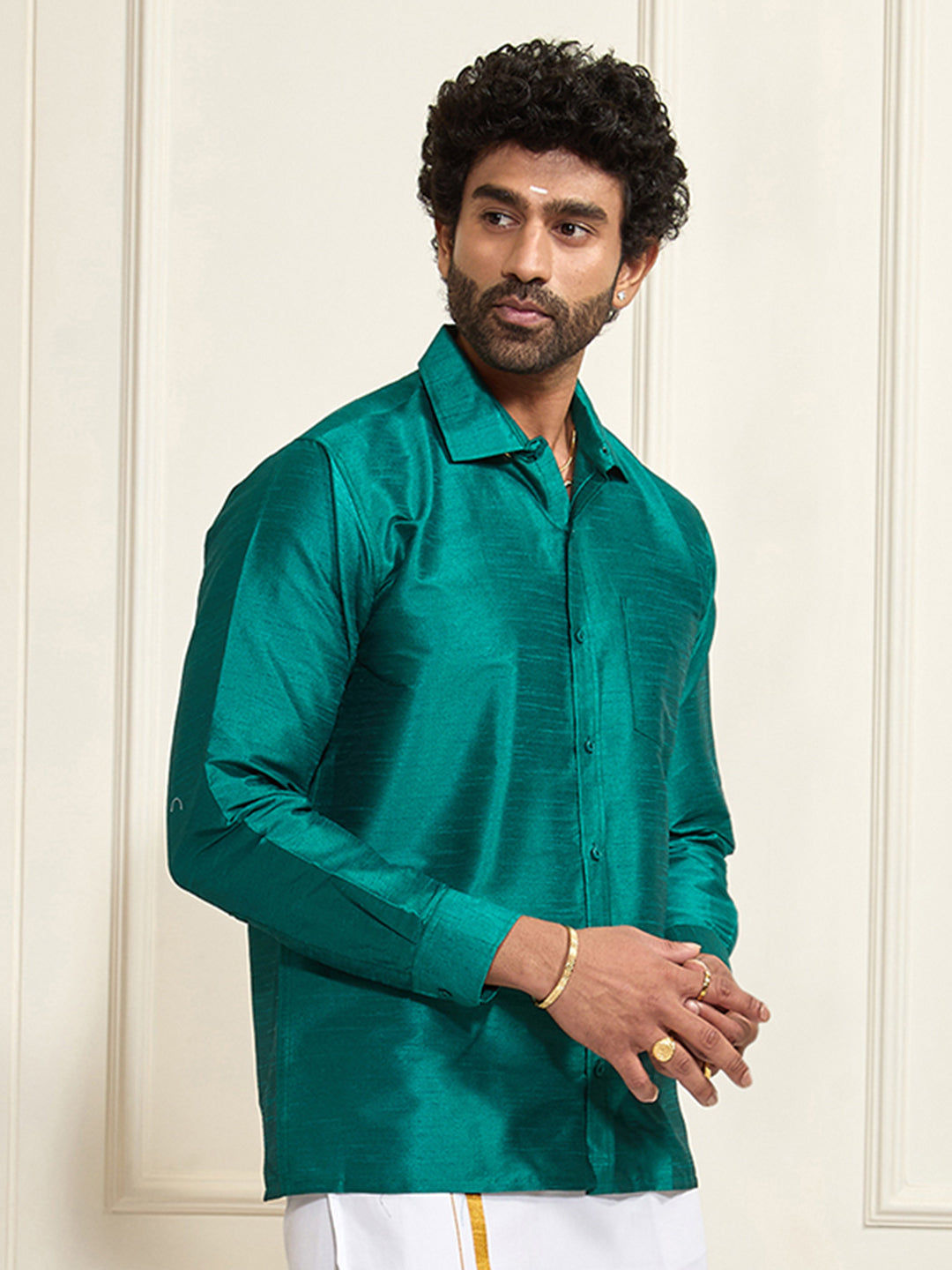 Men's Green Silk Blend Ethnic Shirt