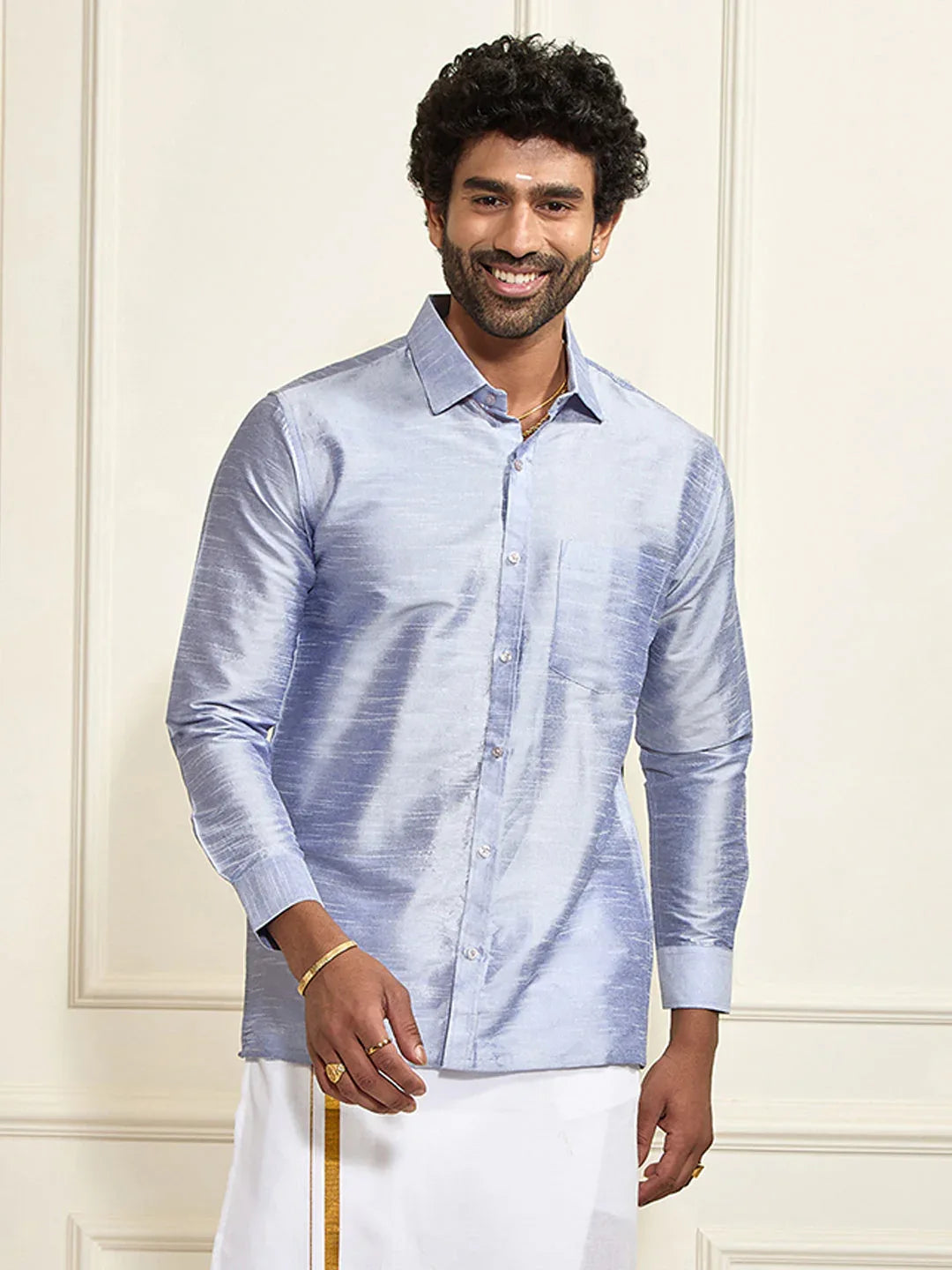 Men's Light Blue Silk Blend Ethnic Shirt