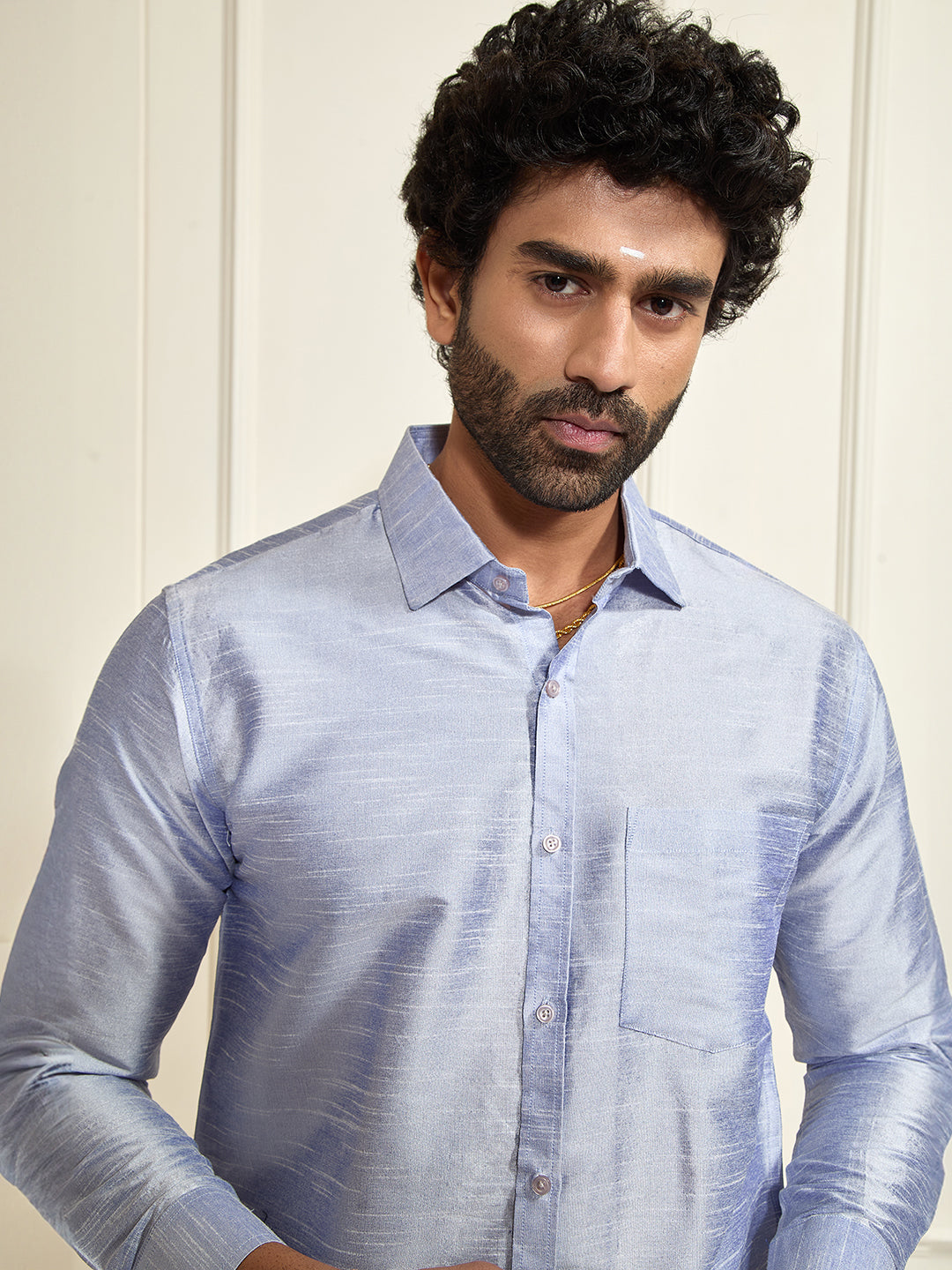 Men's Light Blue Silk Blend Ethnic Shirt