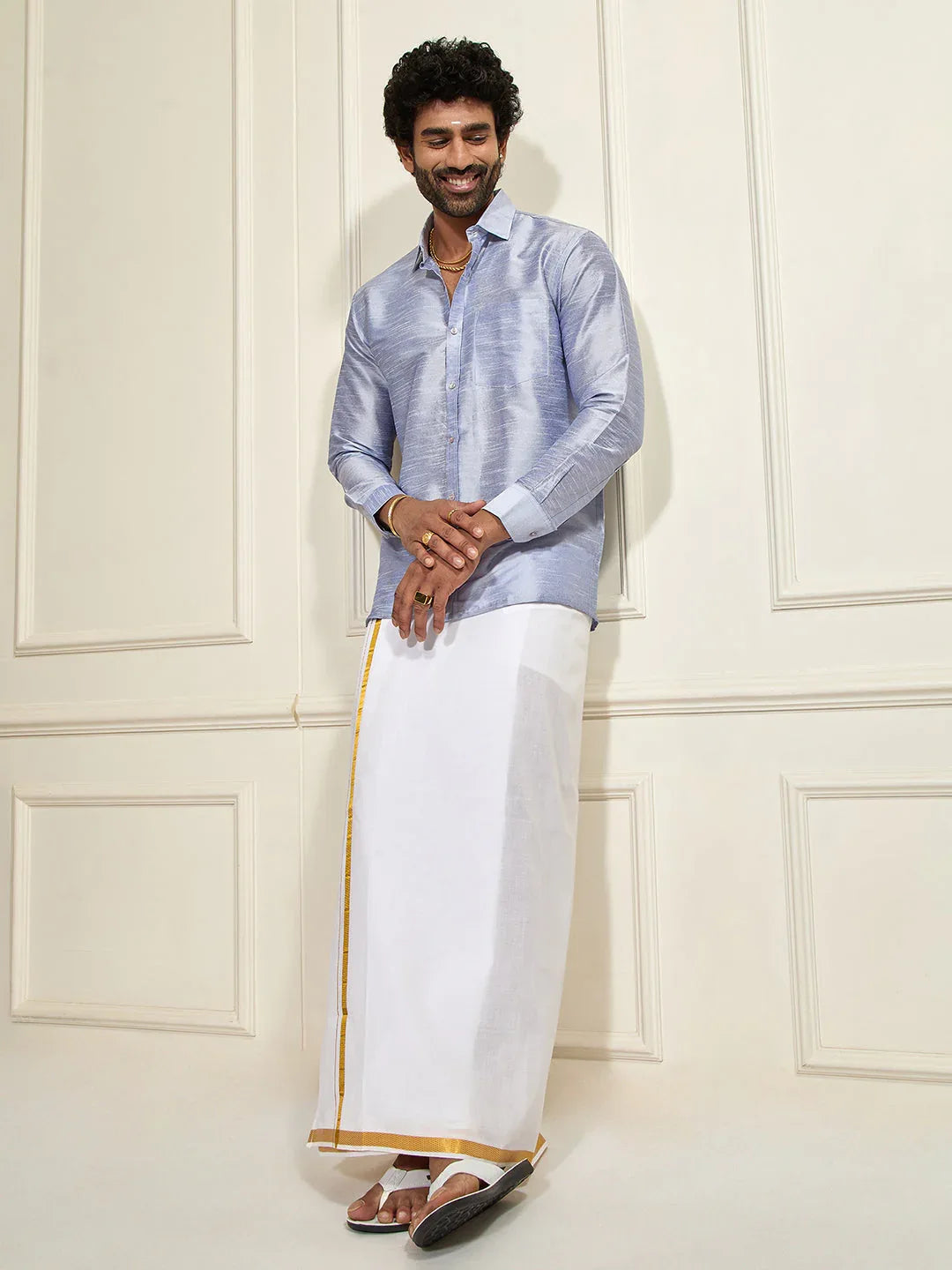 Men's Light Blue Silk Blend Ethnic Shirt