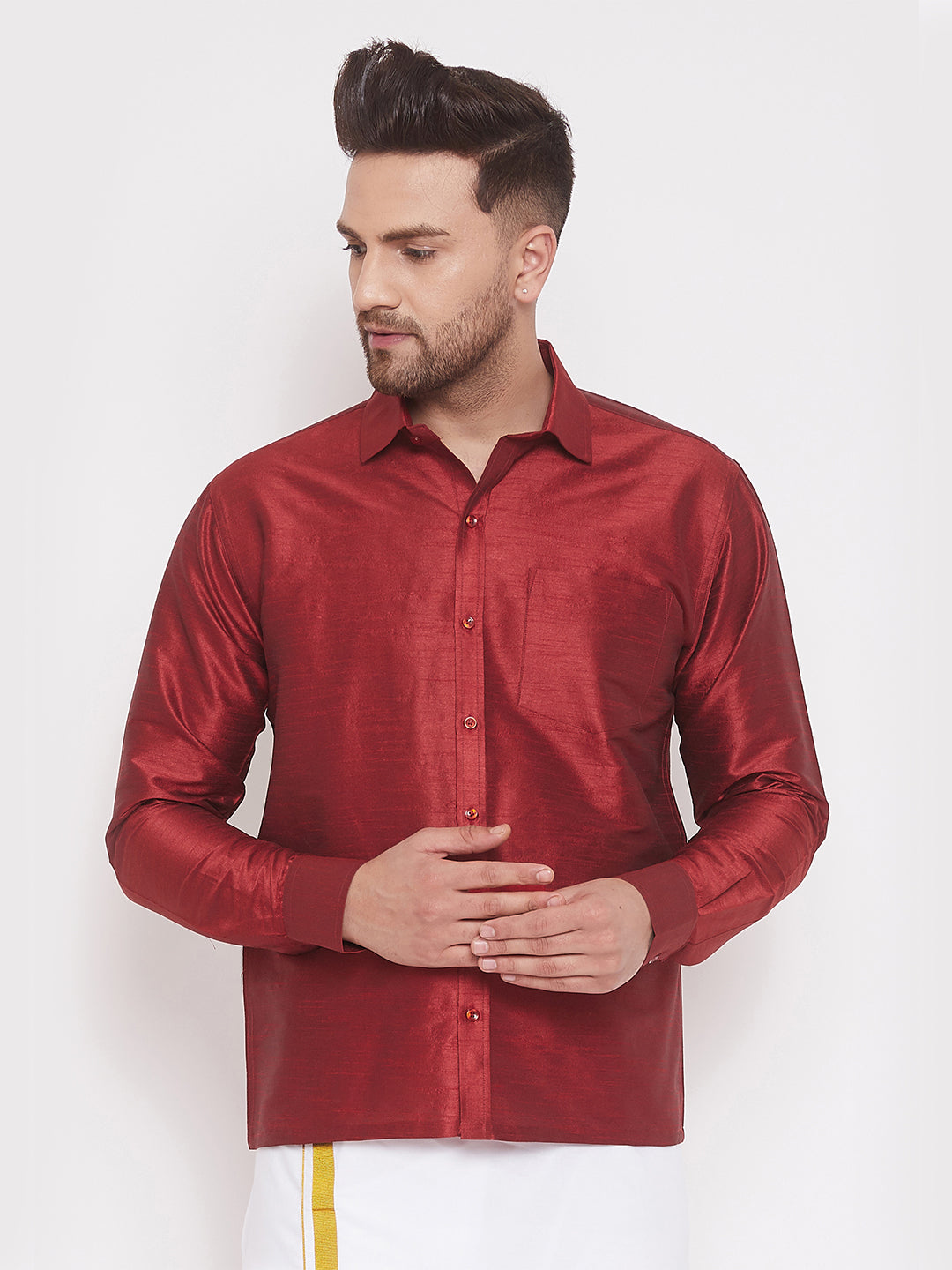 Men's Maroon Silk Blend Ethnic Shirt