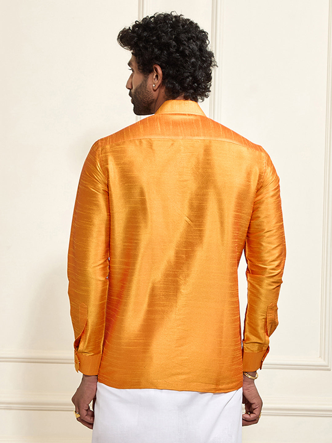 Men's Orange Silk Blend Ethnic Shirt