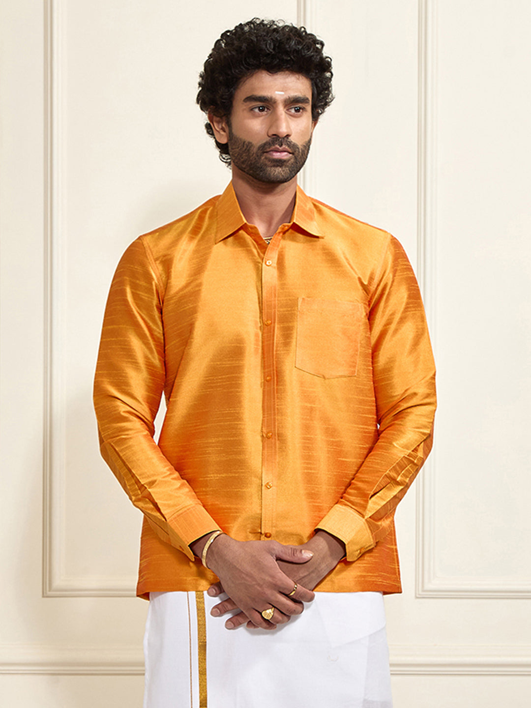 Men's Orange Silk Blend Ethnic Shirt