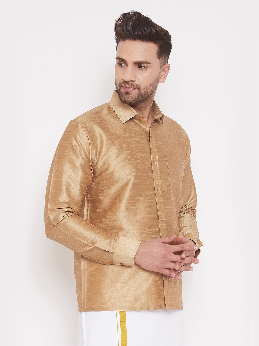 Men's Rose Gold Silk Blend Ethnic Shirt