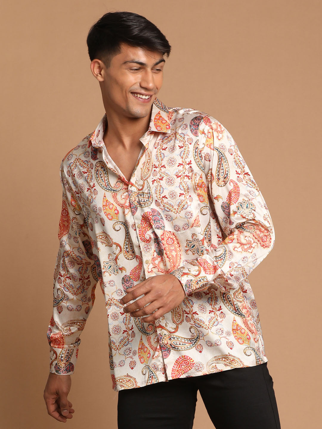 Men's Beige Cotton Silk Blend Printed Shirt