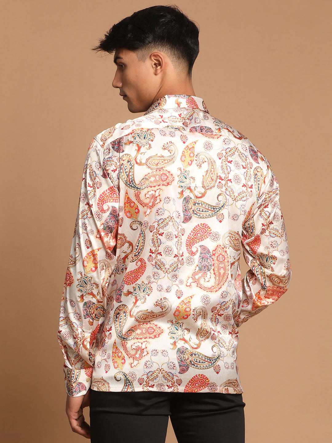 Men's Beige Cotton Silk Blend Printed Shirt