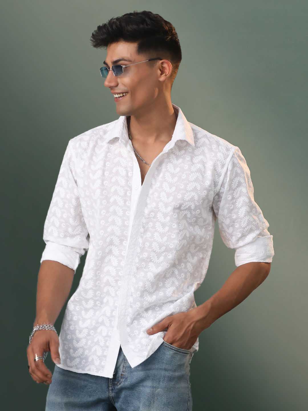 Men's White Chikankari Cotton Shirt