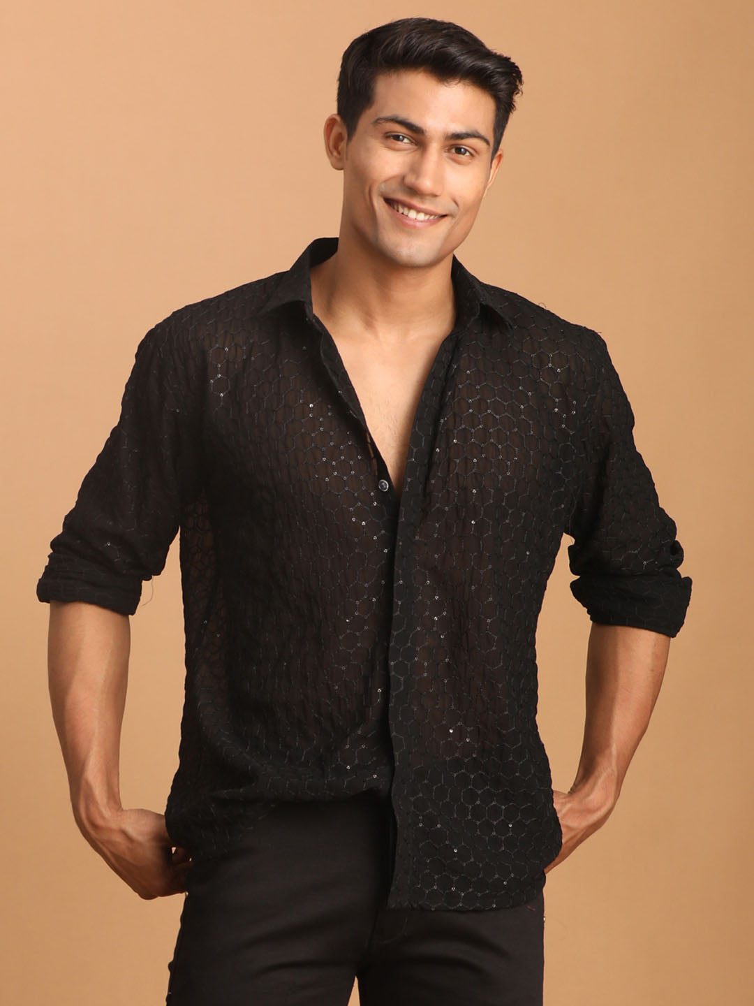 Men's Black Fancy Sequined Shirt