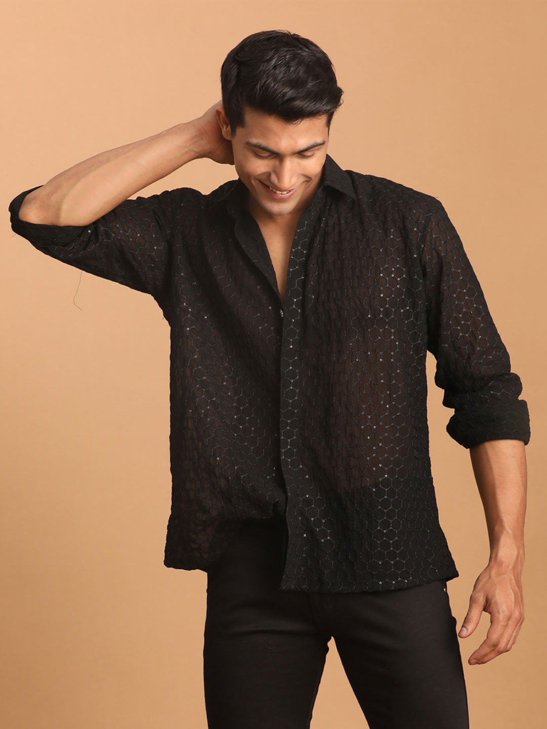 Men's Black Fancy Sequined Shirt