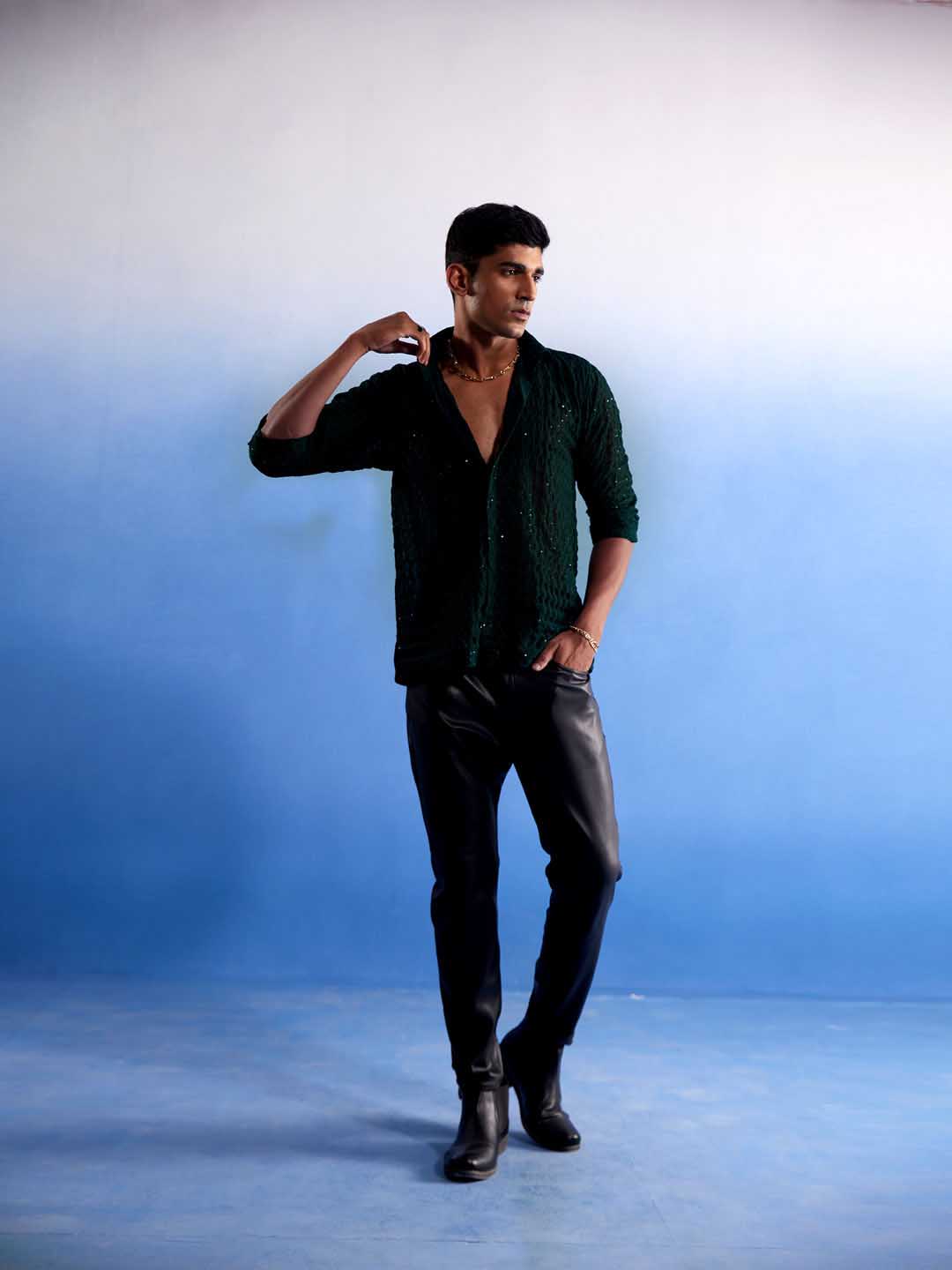 Men's Green Fancy Sequined Shirt