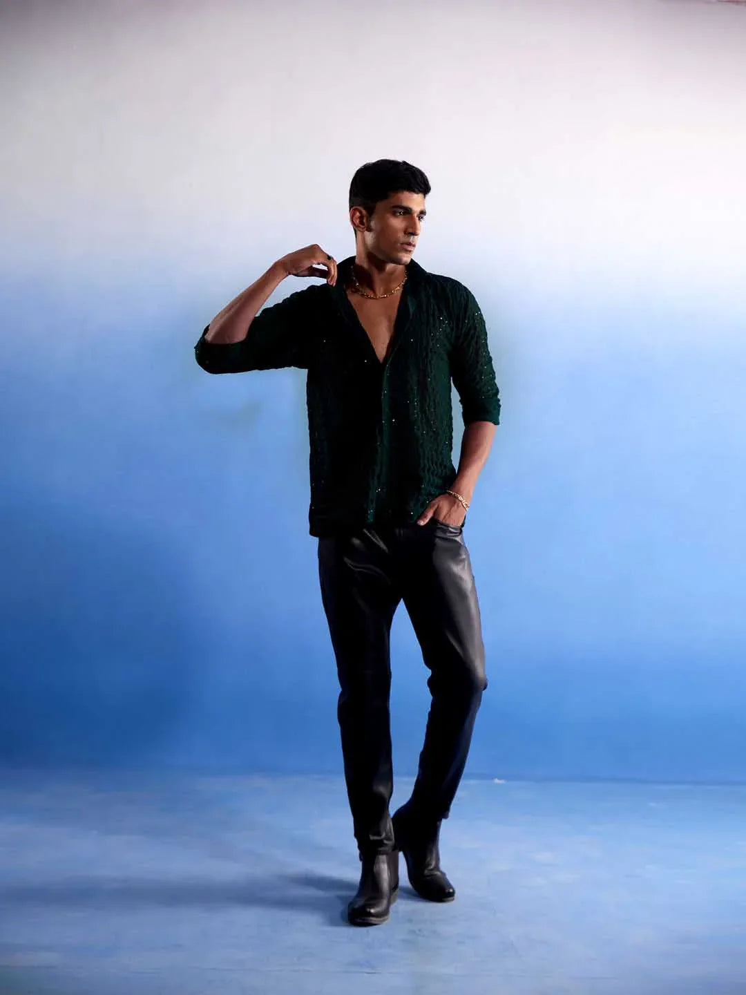 Men's Green Fancy Sequined Shirt
