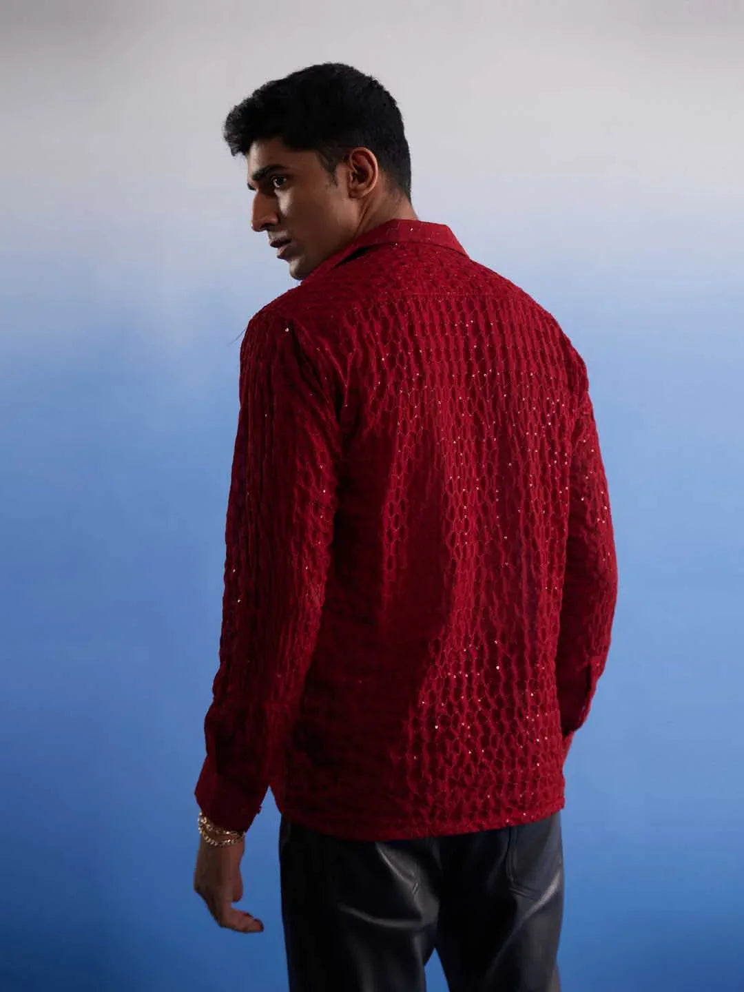Men's Maroon Fancy Sequined Shirt