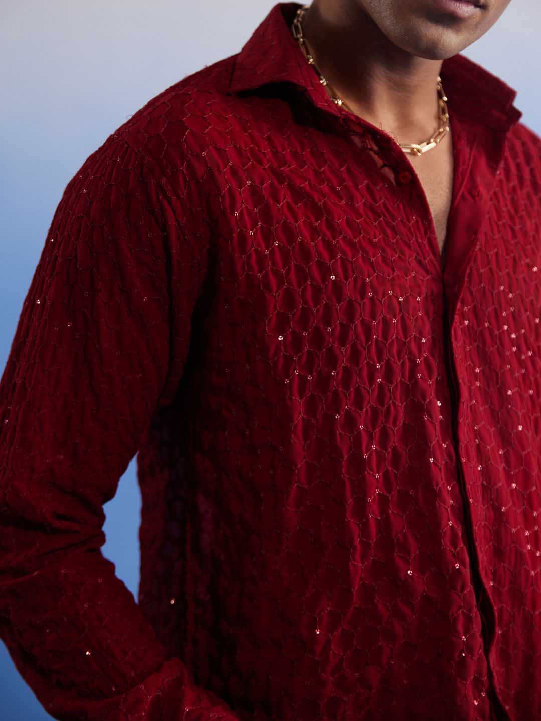 Men's Maroon Fancy Sequined Shirt