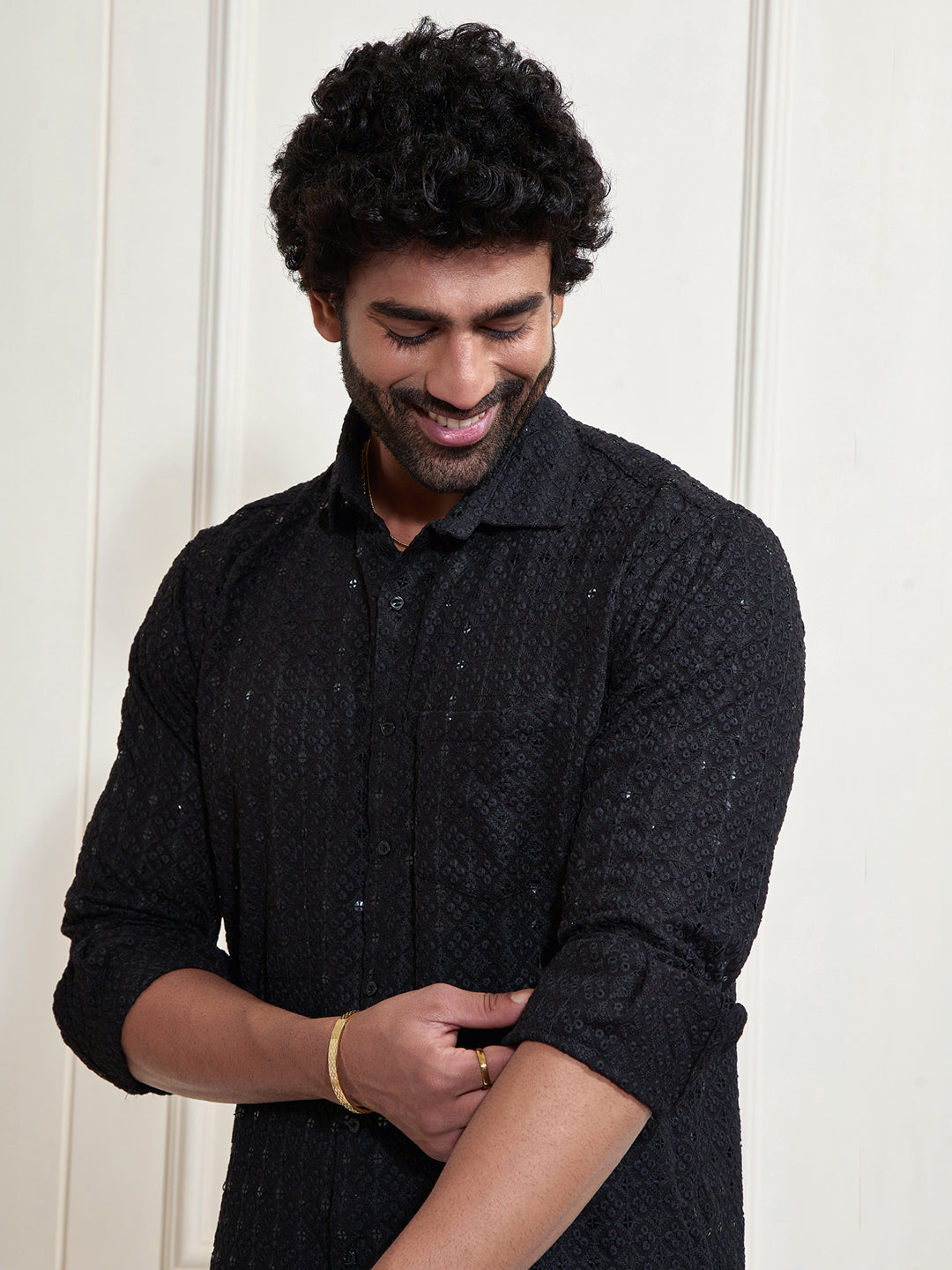 Men's Black Rayon Embellished Shirt