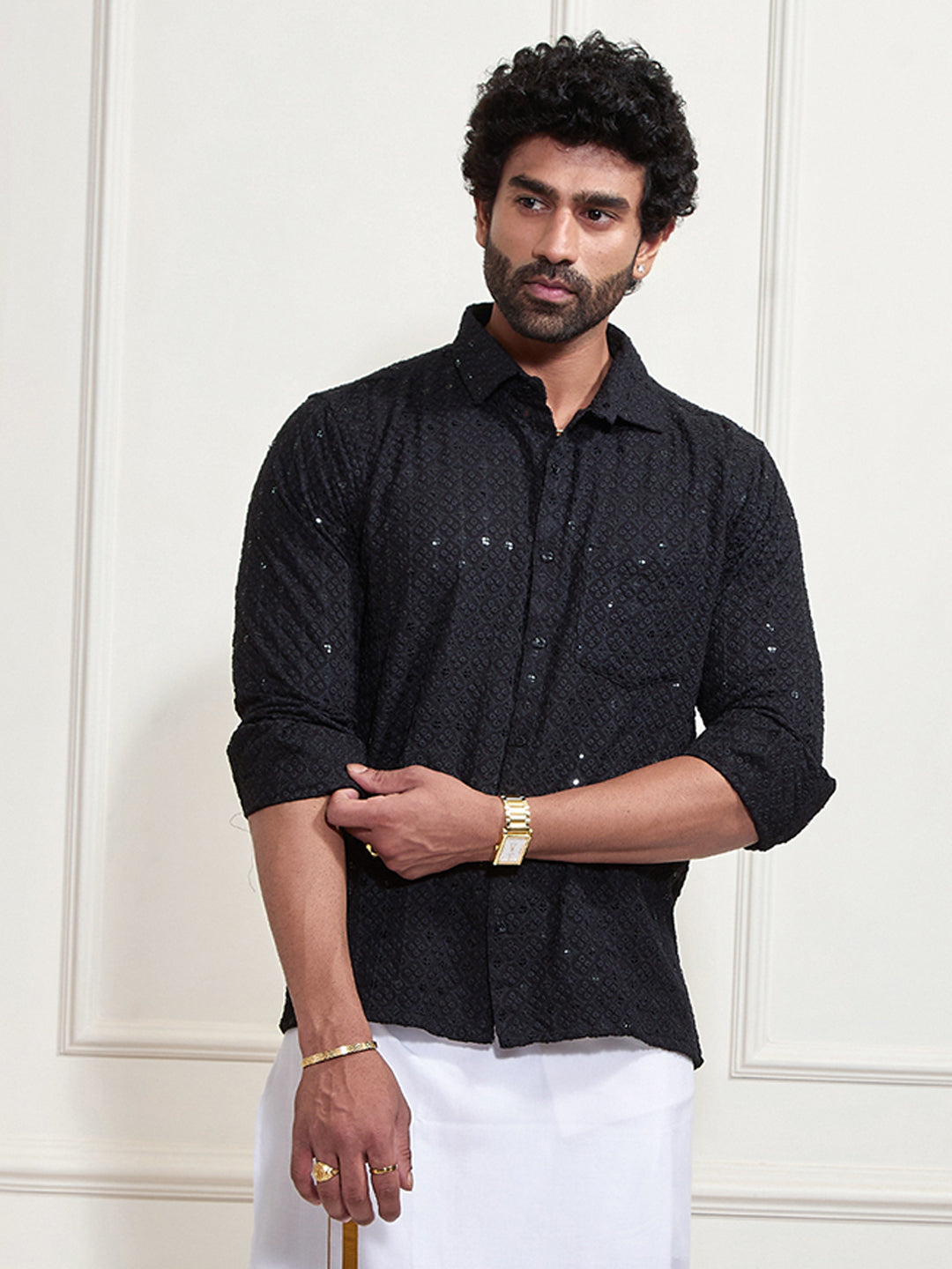 Men's Black Rayon Embellished Shirt