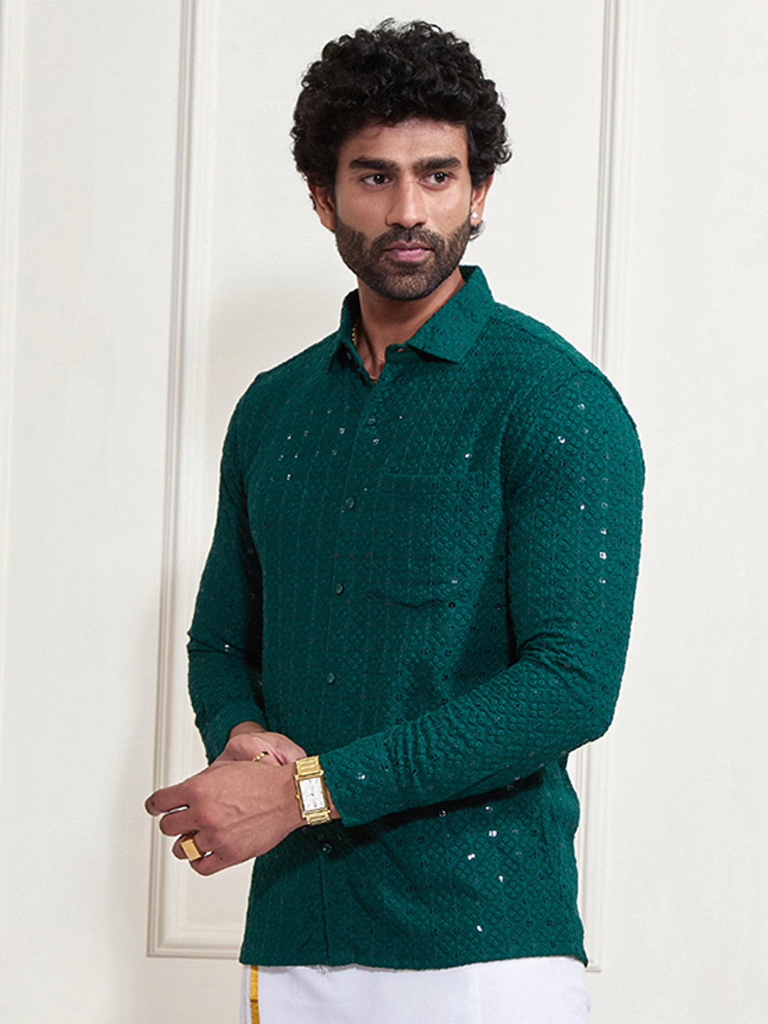 Men's Green Rayon Embellished Shirt