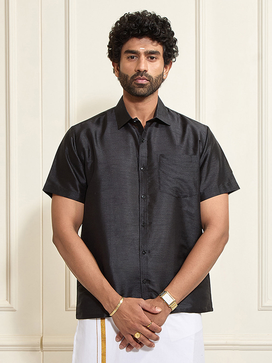 Men's Black Silk Blend Ethnic Shirt