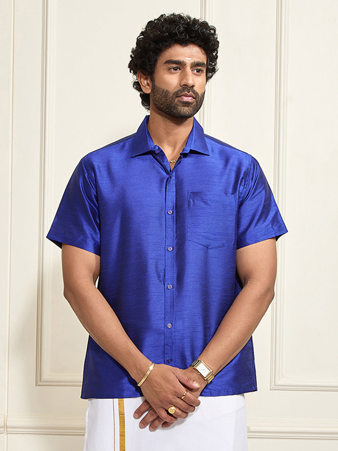 Men's Blue Silk Blend Ethnic Shirt