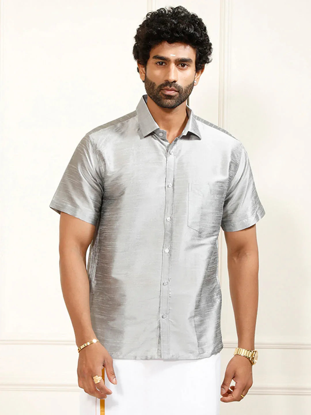 Men's Grey Silk Blend Ethnic Shirt