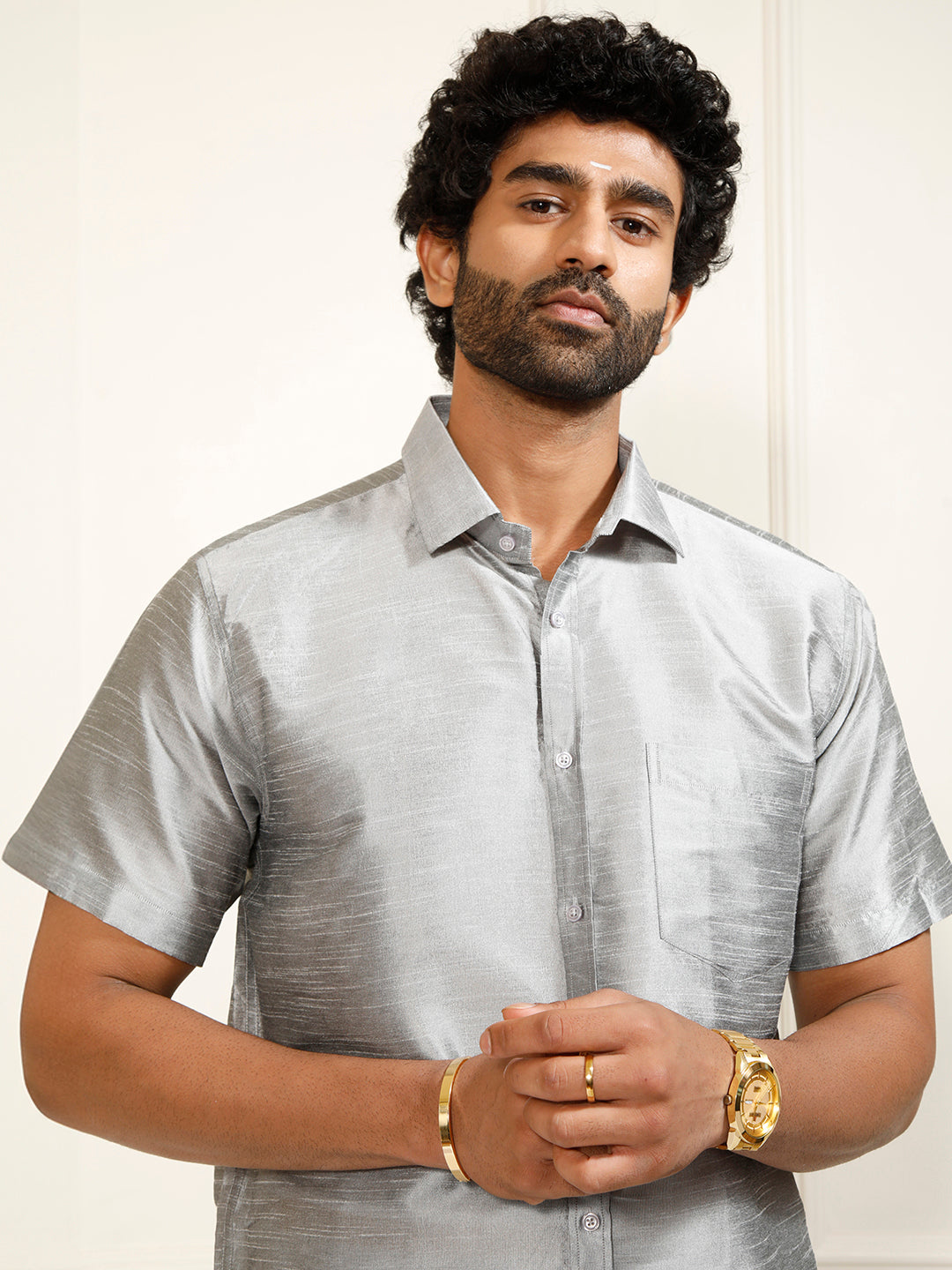 Men's Grey Silk Blend Ethnic Shirt