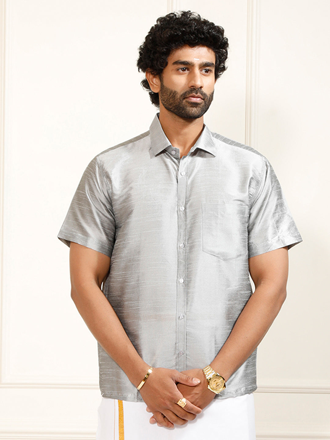 Men's Grey Silk Blend Ethnic Shirt