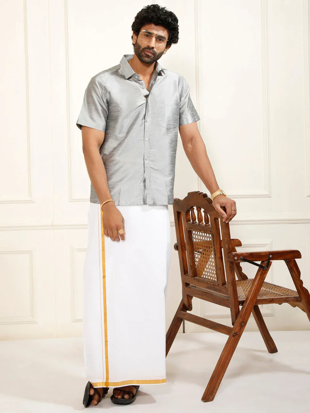 Men's Grey Silk Blend Ethnic Shirt