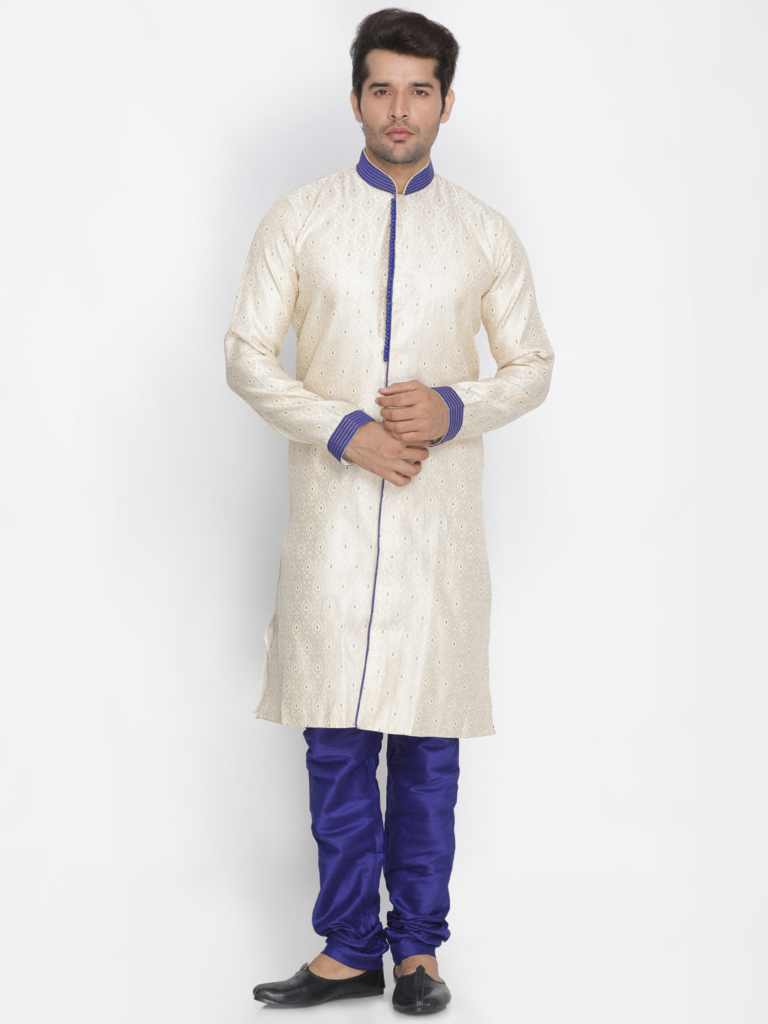 VASTRAMAY Men's Gold And Blue Silk Blend Sherwani Set