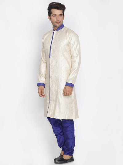 VASTRAMAY Men's Gold And Blue Silk Blend Sherwani Set