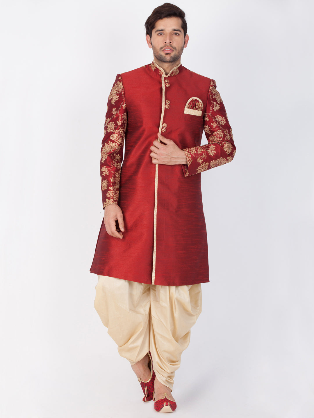 VASTRAMAY Men's Maroon Silk Blend Sherwani Set