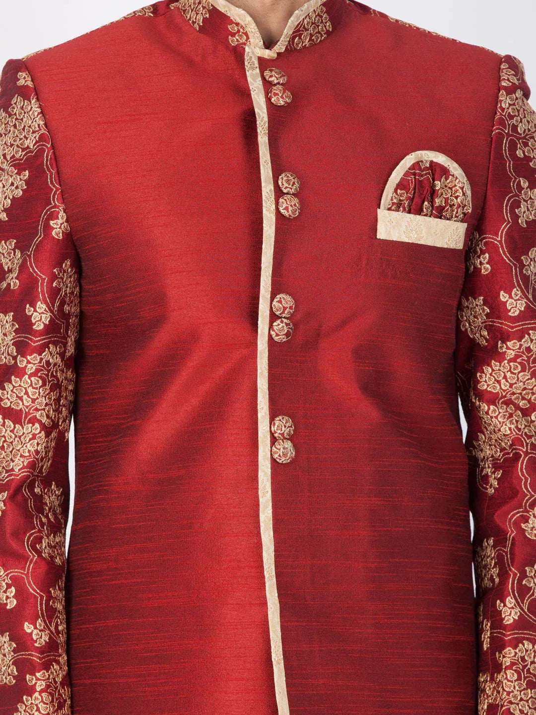 VASTRAMAY Men's Maroon Silk Blend Sherwani Set