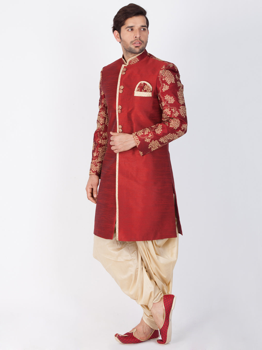 VASTRAMAY Men's Maroon Silk Blend Sherwani Set