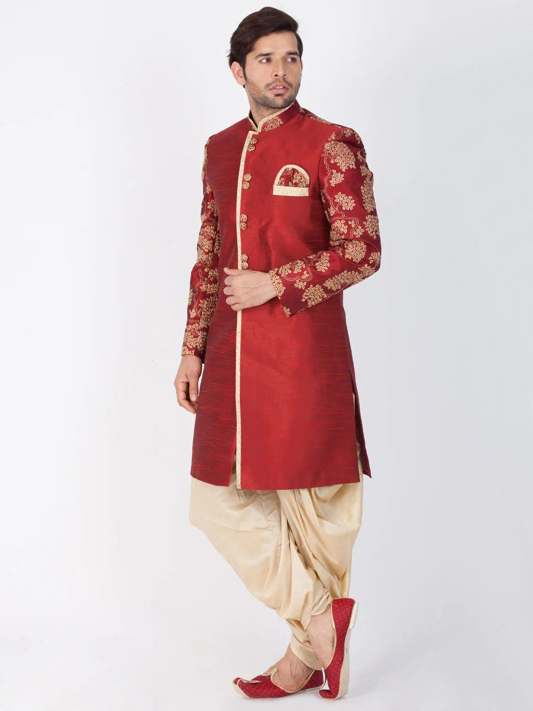 VASTRAMAY Men's Maroon Silk Blend Sherwani Set