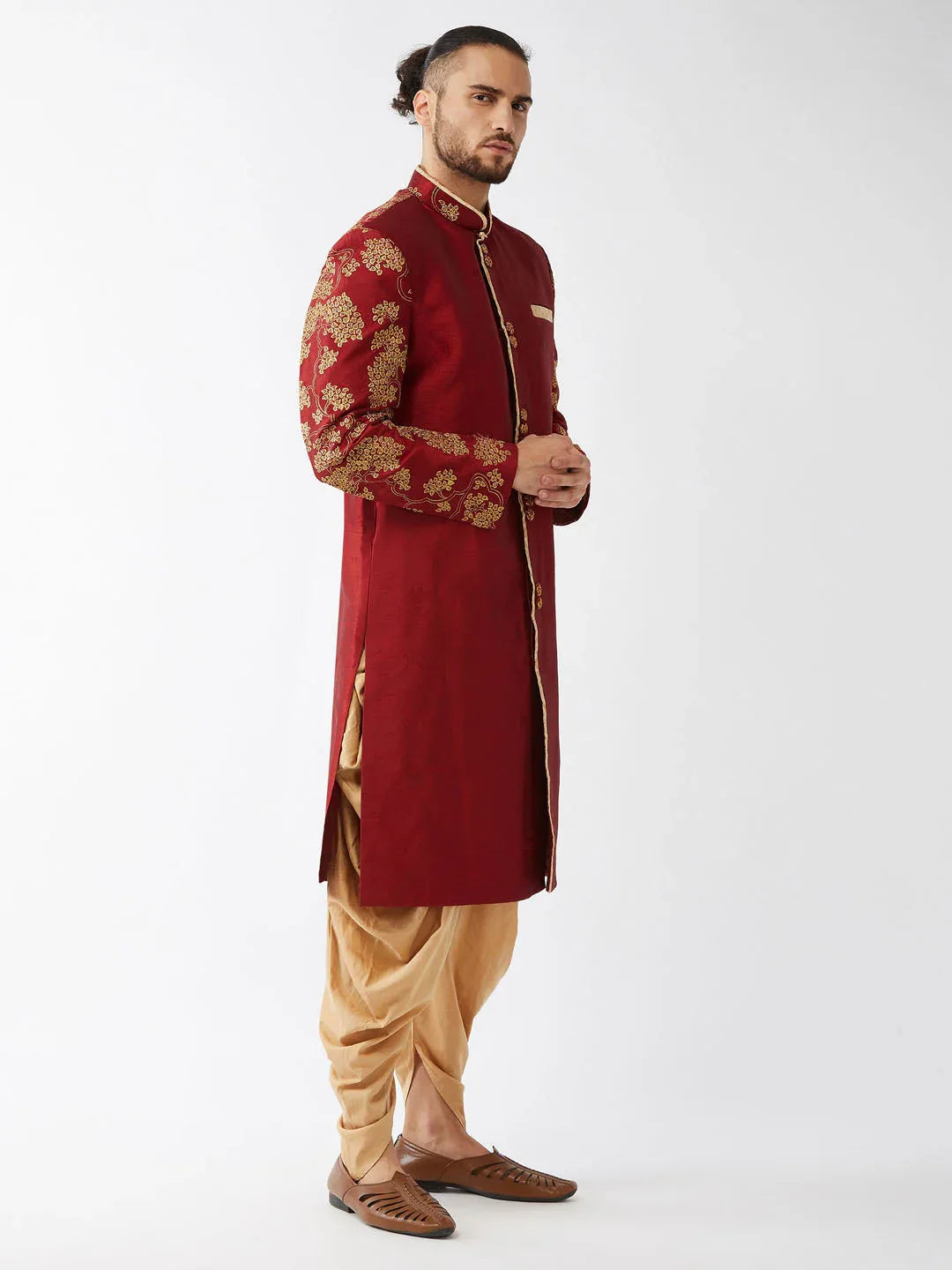 Men's Maroon And Gold Silk Blend Sherwani Set