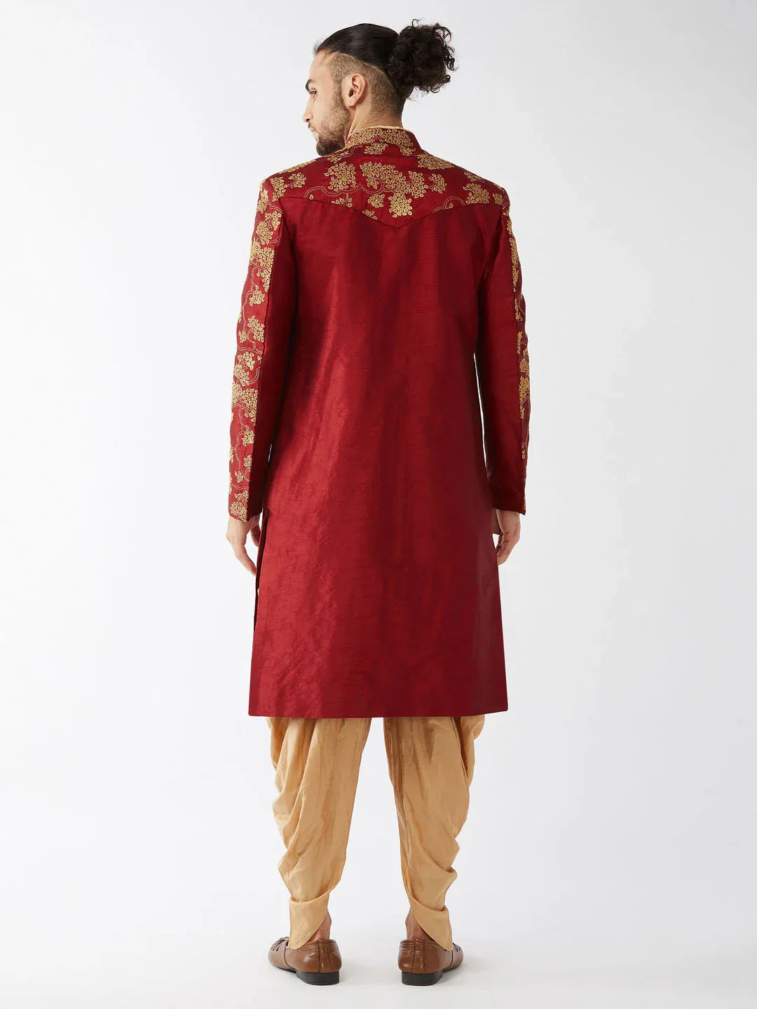 Men's Maroon And Gold Silk Blend Sherwani Set