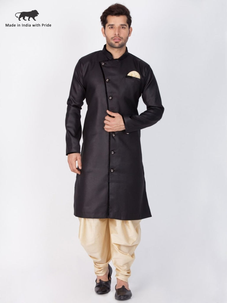 VM By VASTRAMAY Men's Black And Gold Cotton Blend Sherwani Set