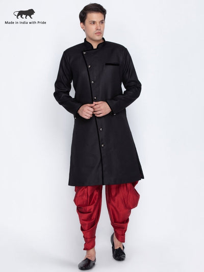 VM By VASTRAMAY Men's Black Cotton Blend Sherwani Set