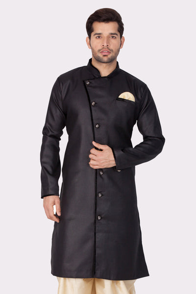 VM By VASTRAMAY Men's Black Cotton Blend Sherwani Only Top