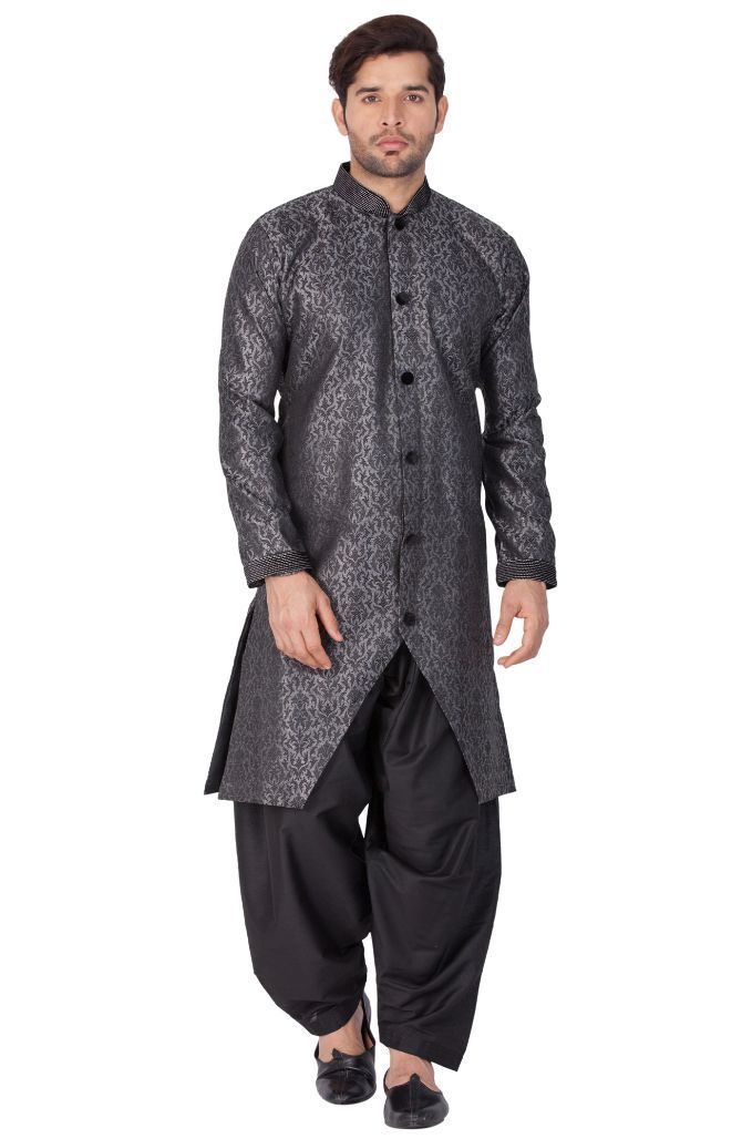 VASTRAMAY Men's Grey And Black Silk Blend Sherwani Set