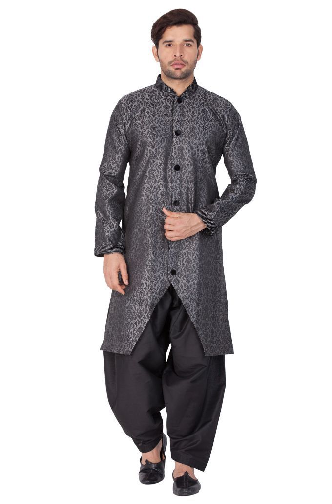 VASTRAMAY Men's Grey And Black Silk Blend Sherwani Set