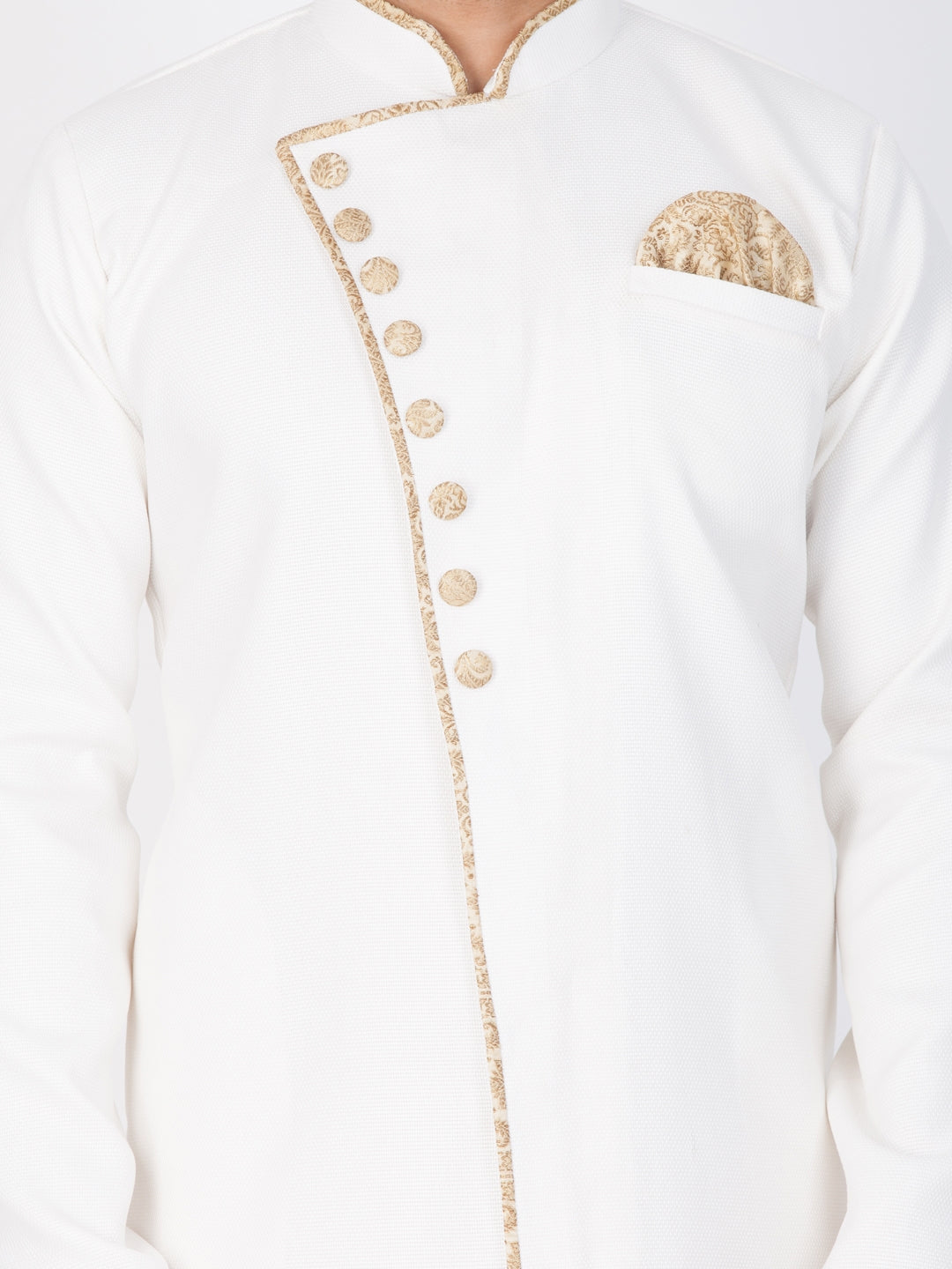 VM By VASTRAMAY Men's White And Gold Cotton Blend Sherwani Set