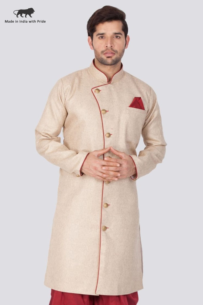 VM By VASTRAMAY Men's Beige Cotton Blend Sherwani Only Top