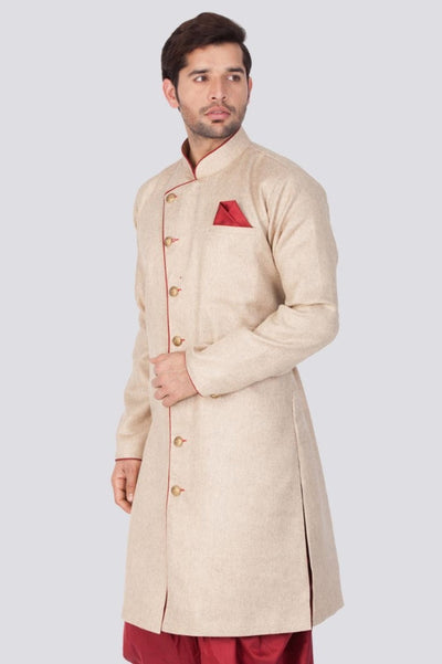 VM By VASTRAMAY Men's Beige Cotton Blend Sherwani Only Top