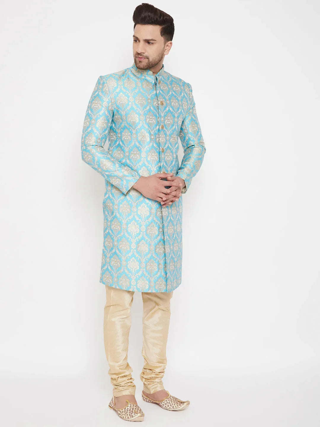 Men's Sea Green And Gold Brocade Jacquard Sherwani Set
