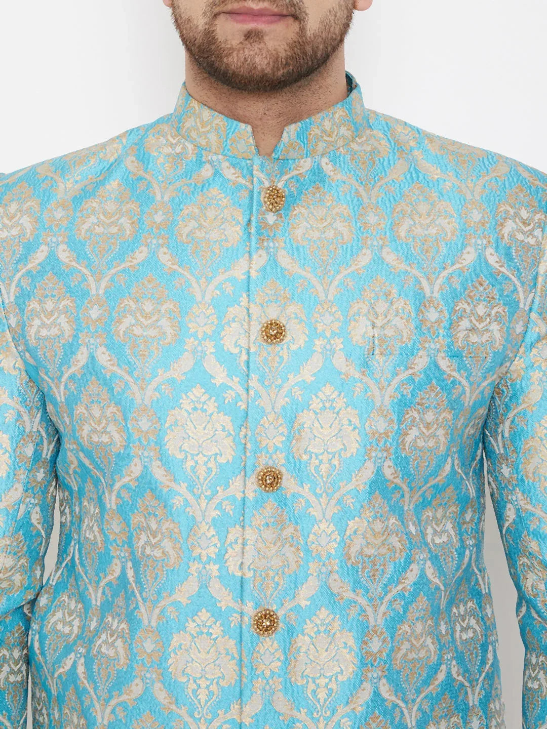 Men's Sea Green And Gold Brocade Jacquard Sherwani Set