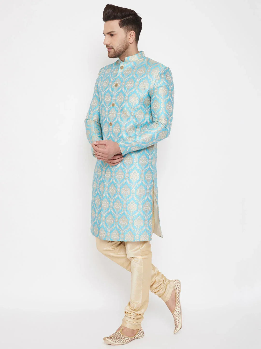 Men's Sea Green And Gold Brocade Jacquard Sherwani Set