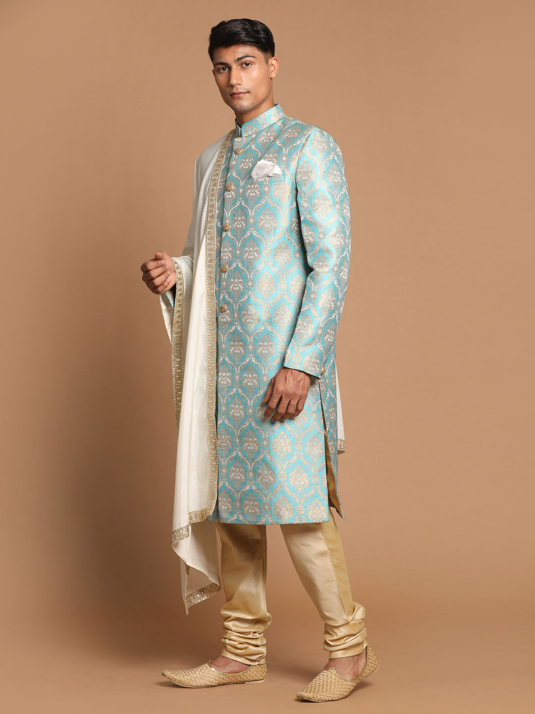 Men's Sea Green And Gold Brocade Jacquard Sherwani Set With Cream Dupatta