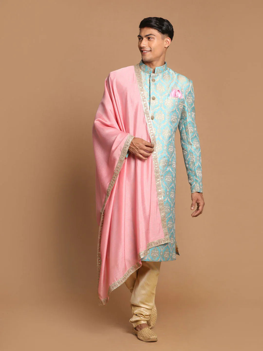 Men's Sea Green And Gold Brocade Jacquard Sherwani Set With Pink Dupatta