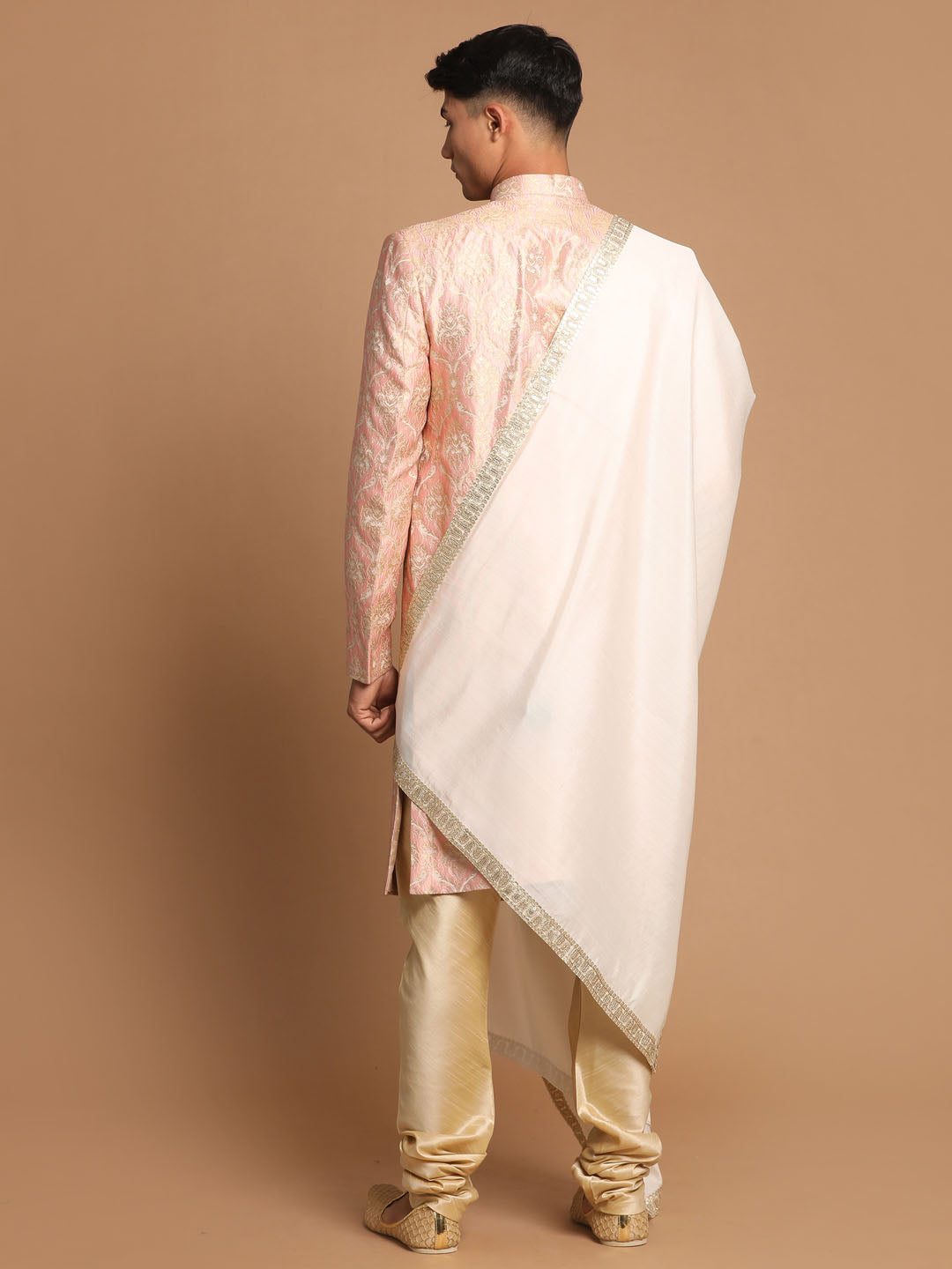 Men's Pink And Gold Silk Blend Sherwani Set With Cream Colour Dupatta