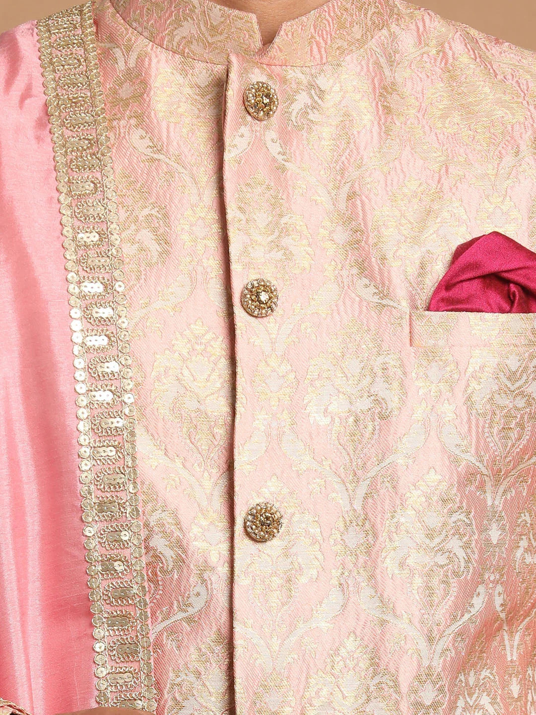 Men's Pink And Gold Silk Blend Sherwani Set With Pink Dupatta