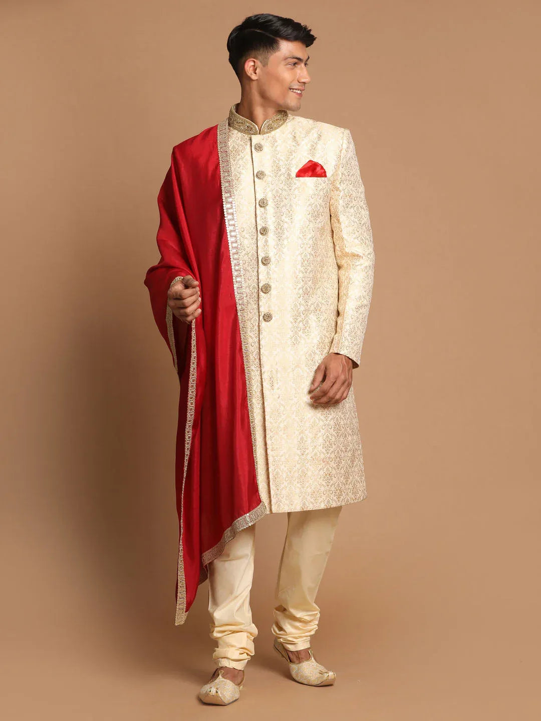 Men's Beige And Gold Embroidered Brocade Sherwani Set With Maroon Dupatta
